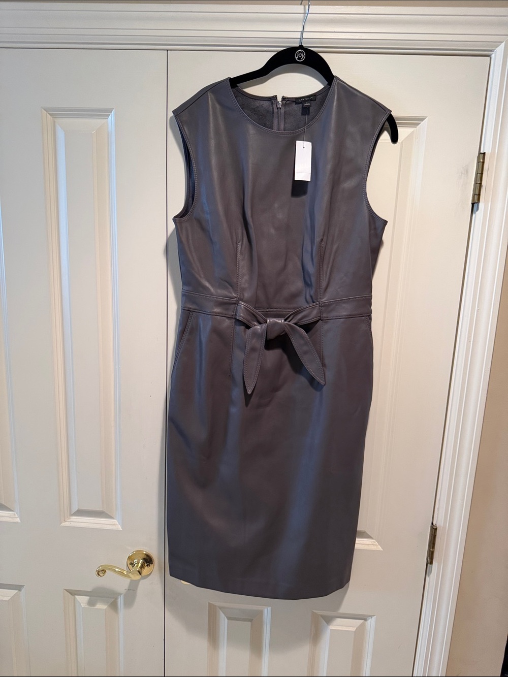 NWT Ann Taylor Sleeveless Gray Faux-Leather Sheath Dress with Waist Tie